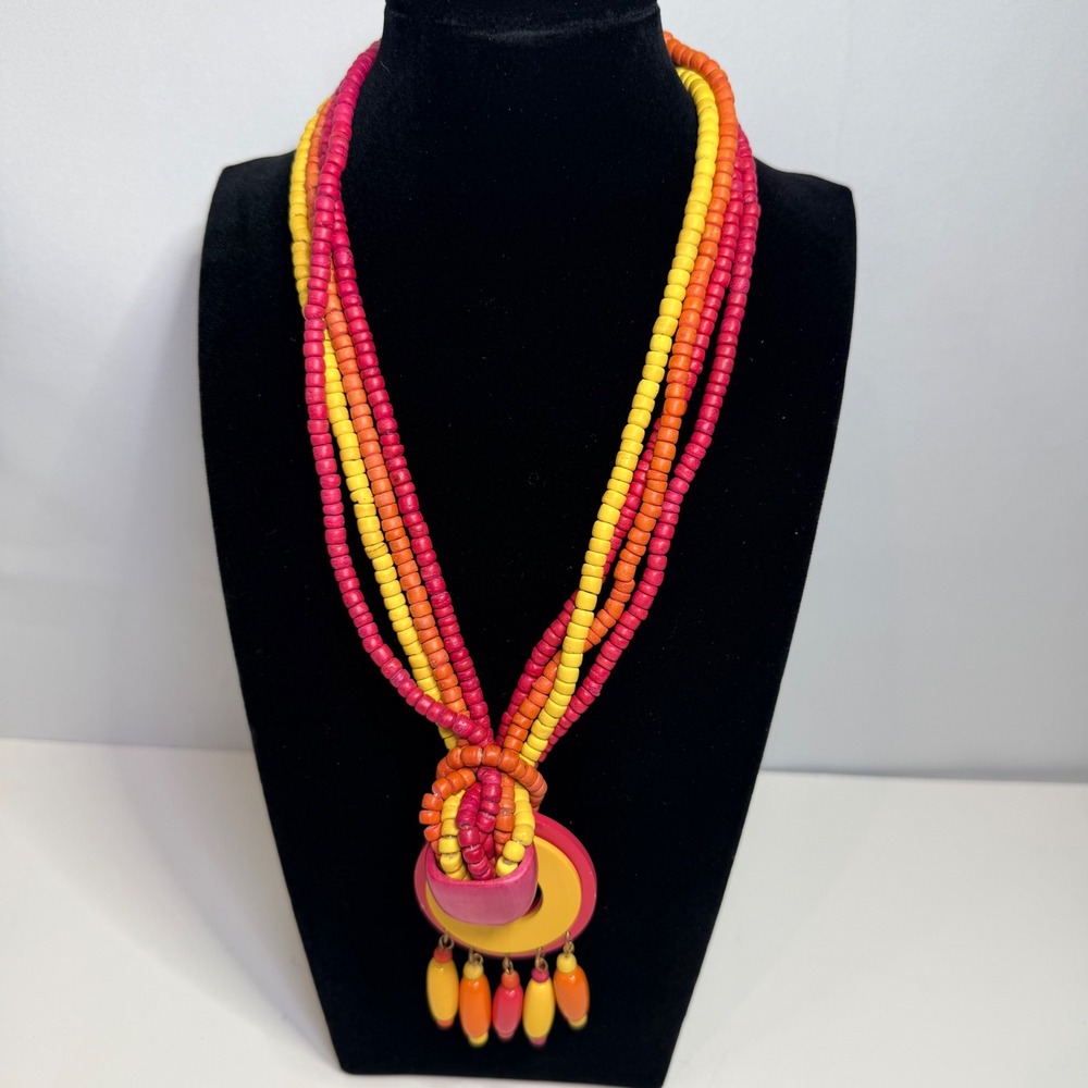 Vintage Style Multi Strand Wood Beads Statement Necklace Pink Orange Yellow Boho